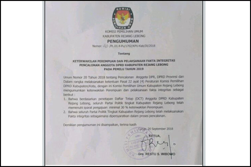 Pengumuman Keterwakilan Perempuan di Rejang Lebong