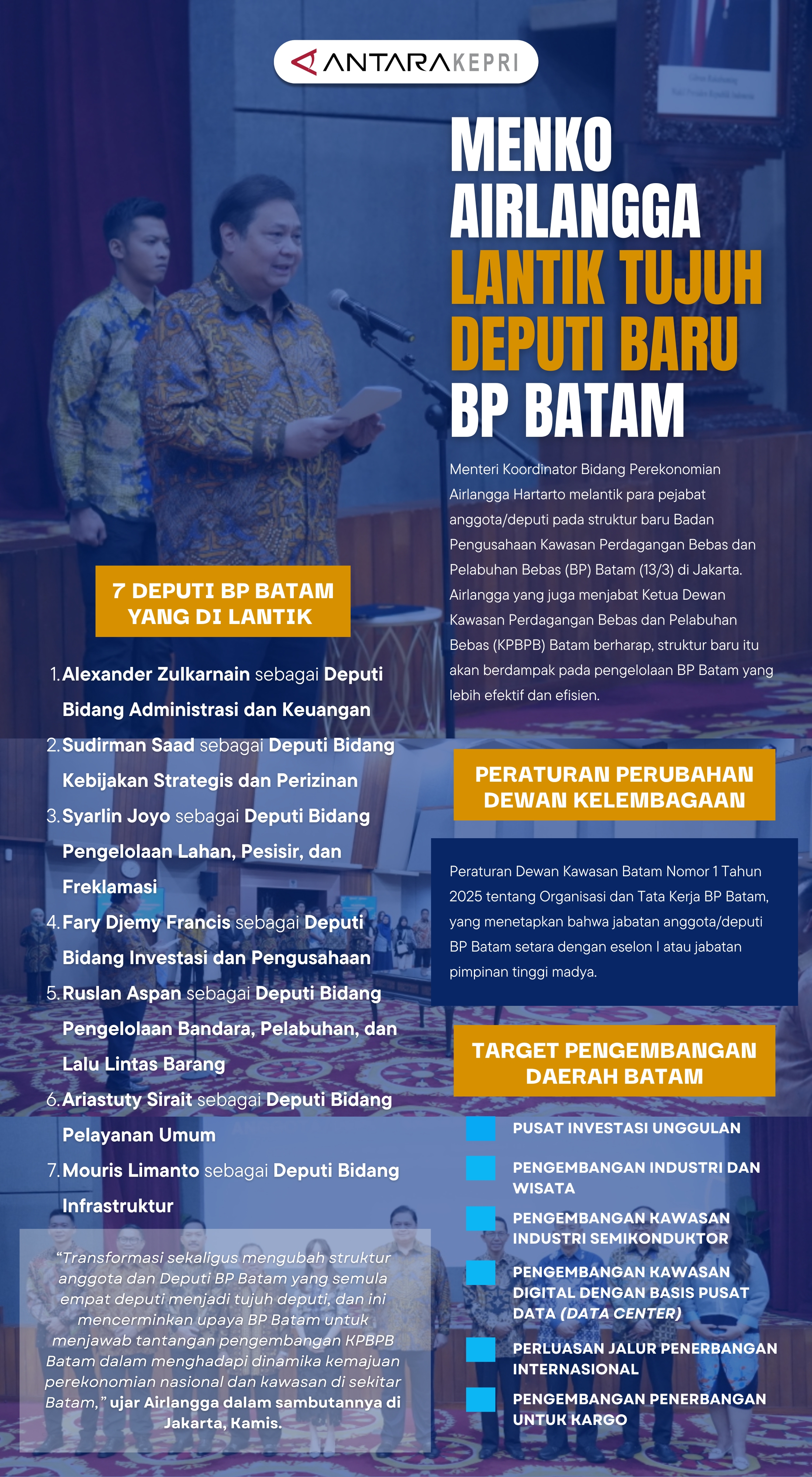 MENKO AIRLANGGA LANTIK TUJUH DEPUTI BARU BP BATAM