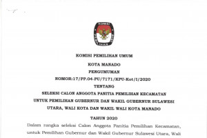 Pengumuman Seleksi Calon PPK untuk Pemilihan Gubernur dan Wakil Gubernur Sulawesi Utara, Wali Kota dan Wakil Wali Kota Manado Tahun 2020