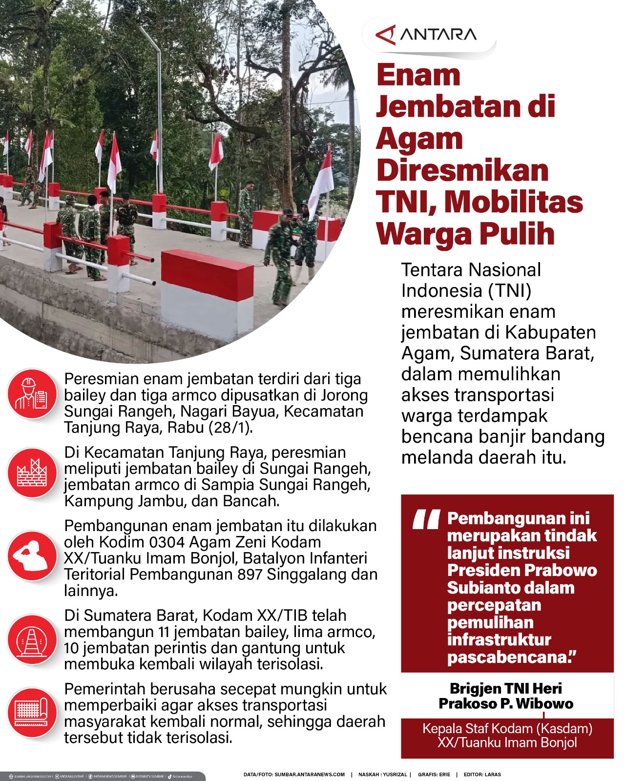 Enam Jembatan di Agam Diresmikan TNI, Mobilitas Warga Pulih