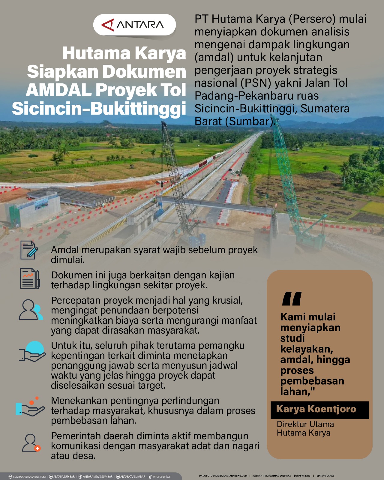Hutama Karya Siapkan Dokumen AMDAL Proyek Tol Sicincin–Bukittinggi