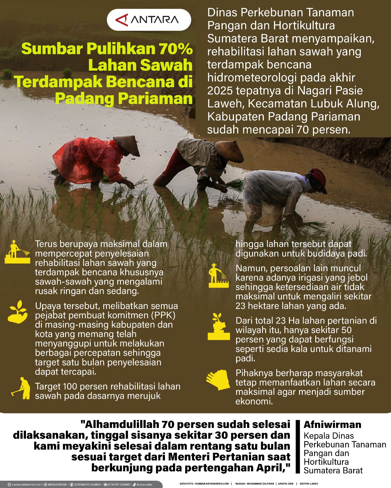 Sumbar Pulihkan 70% Lahan Sawah Terdampak Bencana di Padang Pariaman