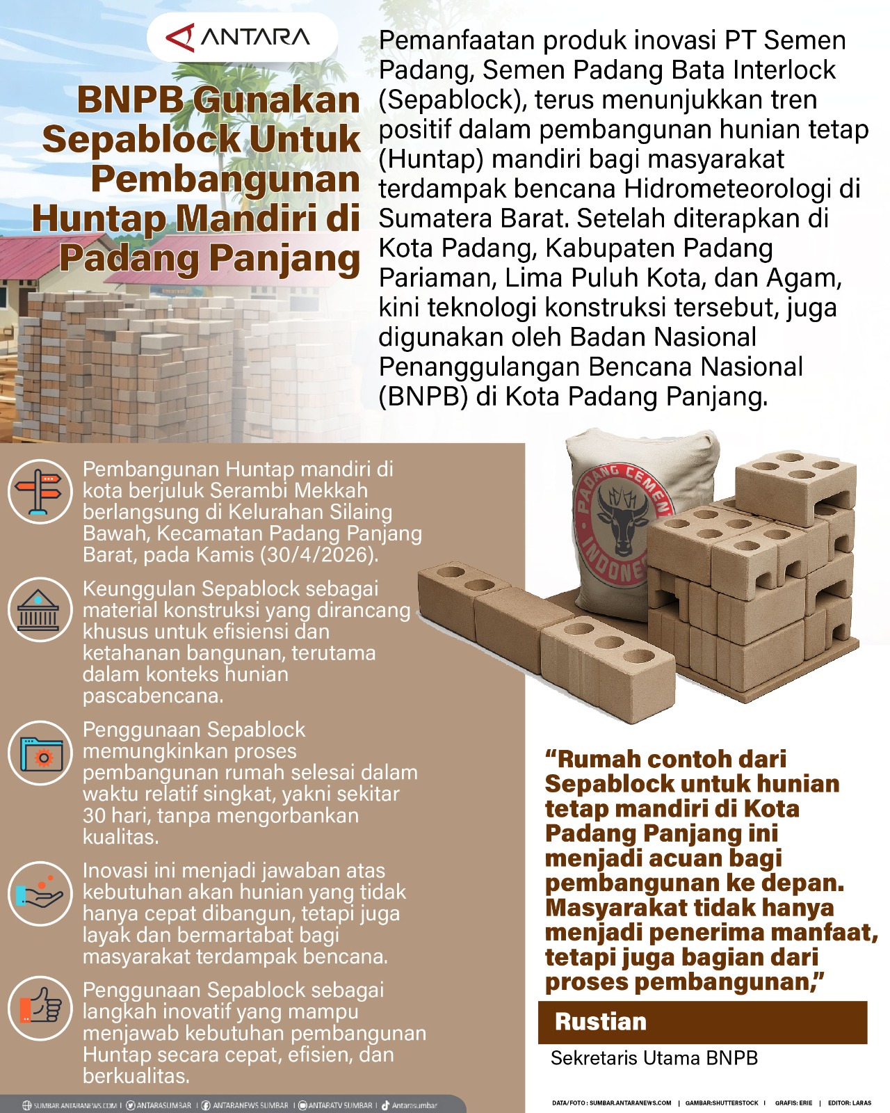 BNPB gunakan Sepablock untuk pembangunan Huntap Mandiri di Padang Panjang