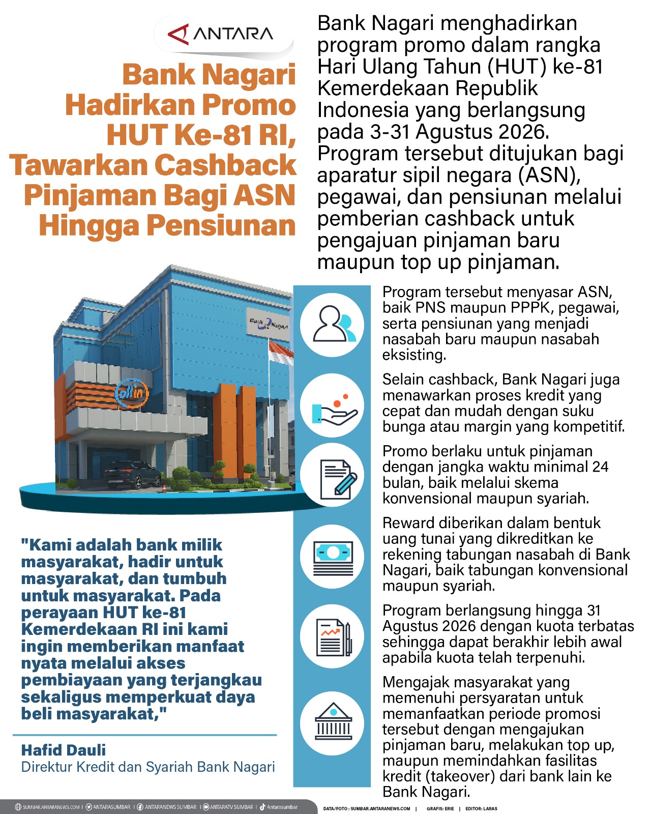 Bank Nagari Hadirkan Promo HUT Ke-81 RI, Tawarkan Cashback Pinjaman bagi ASN hingga Pensiunan